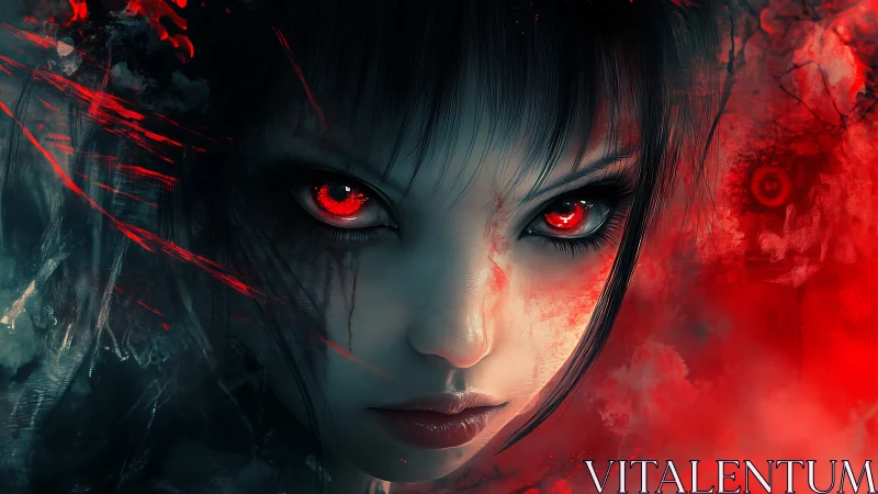 Crimson-eyed avenger emerging from a storm of burning dusk.