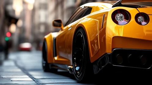 Photorealistic rear three-quarter of yellow sports coupe in city.