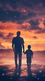 Silhouetted shorewalkers trade secrets with the embered sky