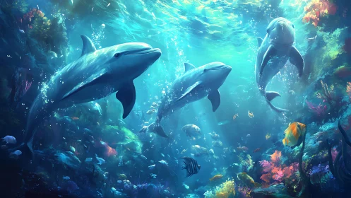 Dolphins swimming above colorful coral reef environment.