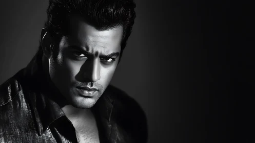 High contrast monochrome male portrait with dramatic key lighting.