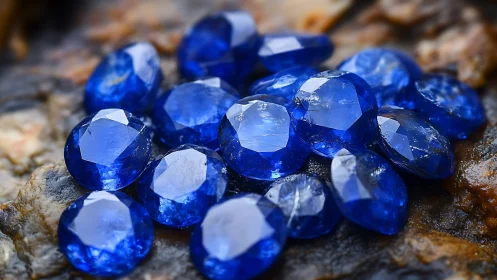 Faceted blue sapphires arranged on rough stone surface.