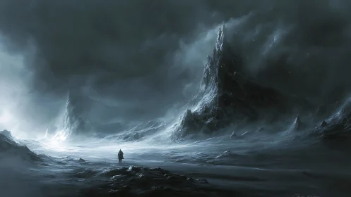 Lone traveler crossing a brooding icy fantasy wasteland.