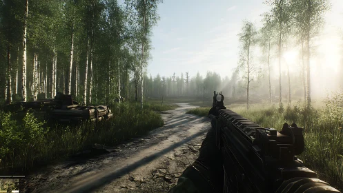 First-Person Combat Engagement in Dense Birch Forest Terrain