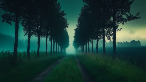 Mist-laden tree avenue framing receding rural pathway at dusk.