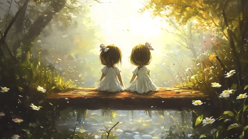 Digital painting of twin girls on sunlit forest bridge.