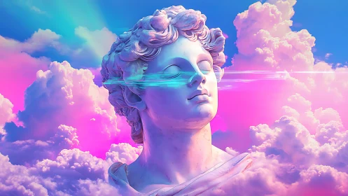 Classical marble bust amid neon clouds and digital streaks.