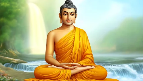 Serene Buddha meditating beside cascading forest waterfall