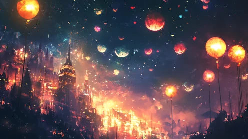 Glowing sky lanterns drift over a luminous fantasy city night