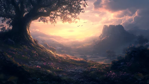 Sunlit mystic valley beneath sprawling ancient tree.