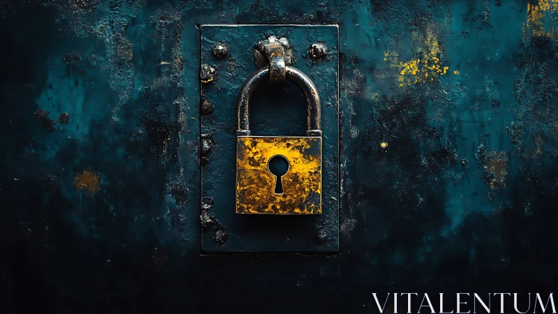 Corroded brass padlock on distressed steel door surface.