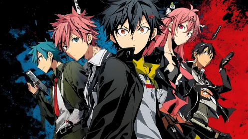 Bold anime heroes stand united against a vivid chaos backdrop