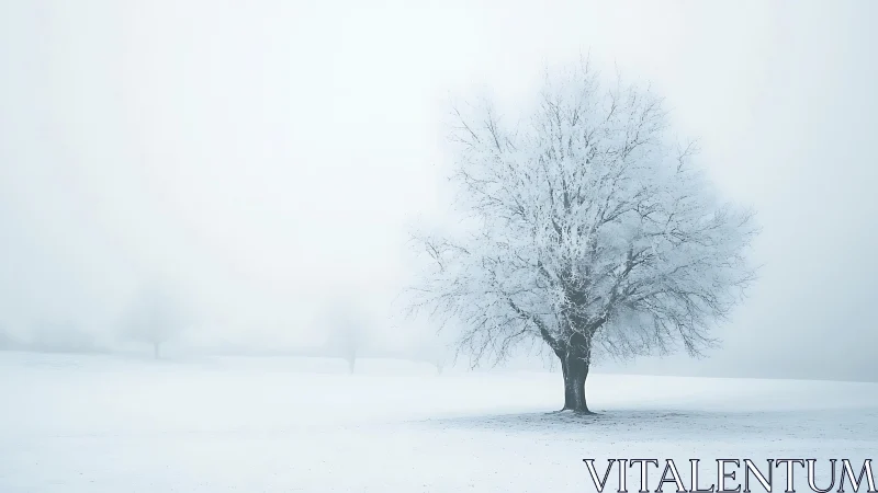 Solitary frost-kissed tree in a dreamlike winter hush.