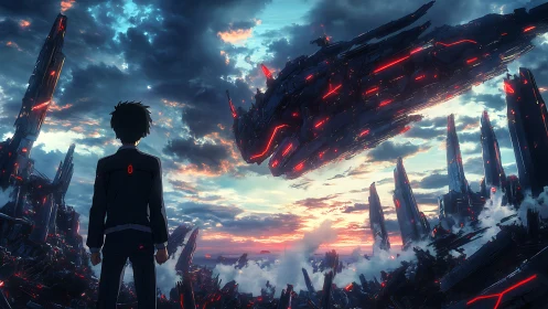 Lone figure watches colossal alien warship over ruined city
