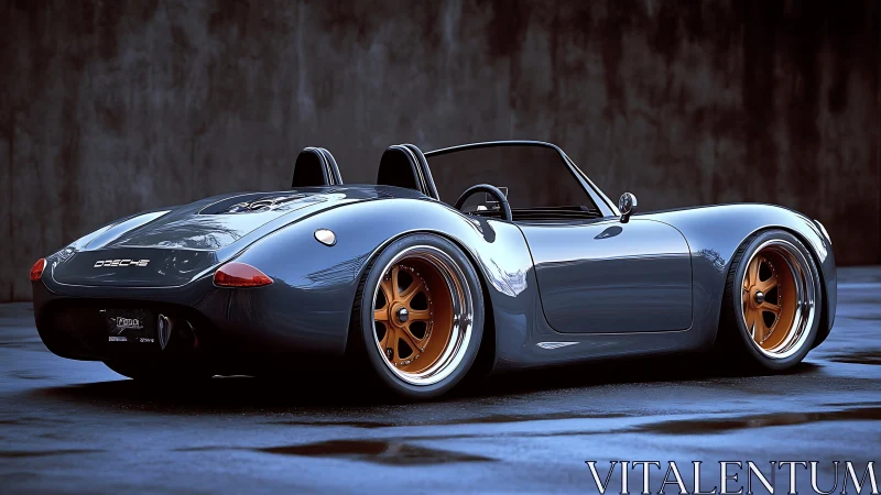 Sleek grey roadster with copper rims in reflective light.