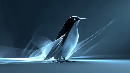 Stylized bird figure rendered with luminescent materials and flowing geometric forms.