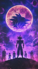 Saiyan silhouettes confront cosmic moon under violet nebula
