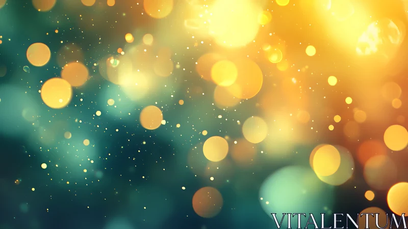 Golden teal bokeh lights blur with floating particle glow.