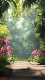 Sunlit stone path framed by lush tropical blooms.