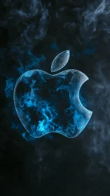 Blue luminous apple-shaped emblem in swirling vapor field