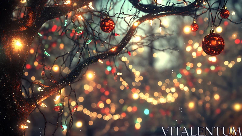 Winter tree with glowing Christmas lights and ornaments.