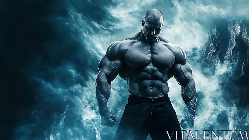 Muscular figure in blue-lit mist with exaggerated physique.