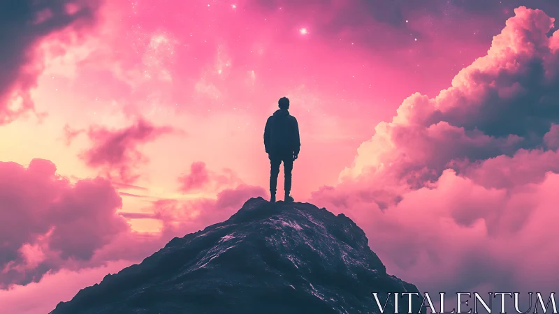Silhouette on rocky summit studies neon pink cloudscape gradient