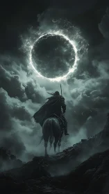 Solitary rider studies electrified eclipse in storm-laden sky