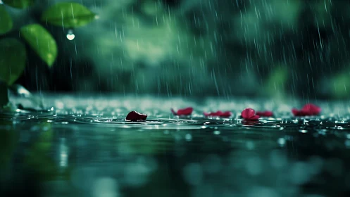 Fallen red petals floating on rain rippled water surface.