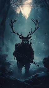 Stag headed soldier stalks misty winter forest at dusk.