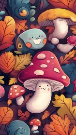 Whimsical kawaii mushrooms animate an autumn forest floor