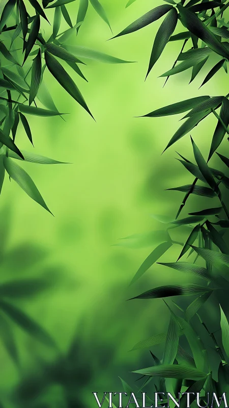 Serene bamboo leaves frame a soft green tranquil backdrop