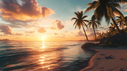 Tropical Beach Sunset with Palm Trees and Ocean.