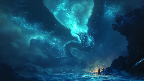 Luminescent ocean wyrm emerging from storm-torn night sky.