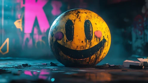 Graffiti-stained smiley orb glowing in neon alley gloom.