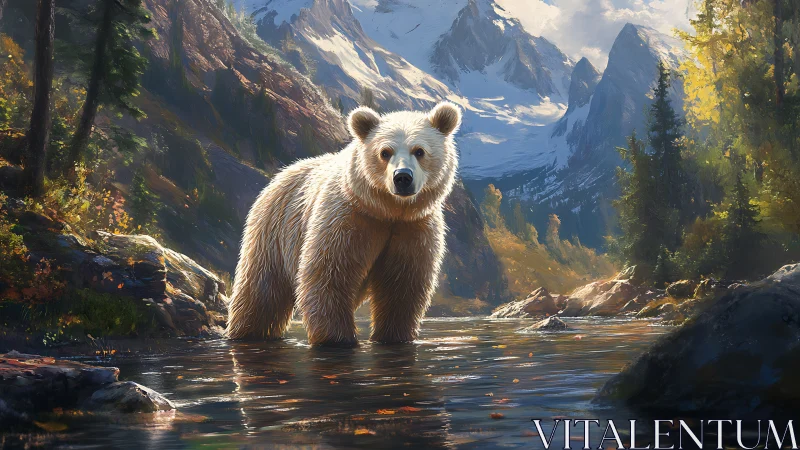 Grizzly bear stands in sunlit alpine stream beneath peaks.