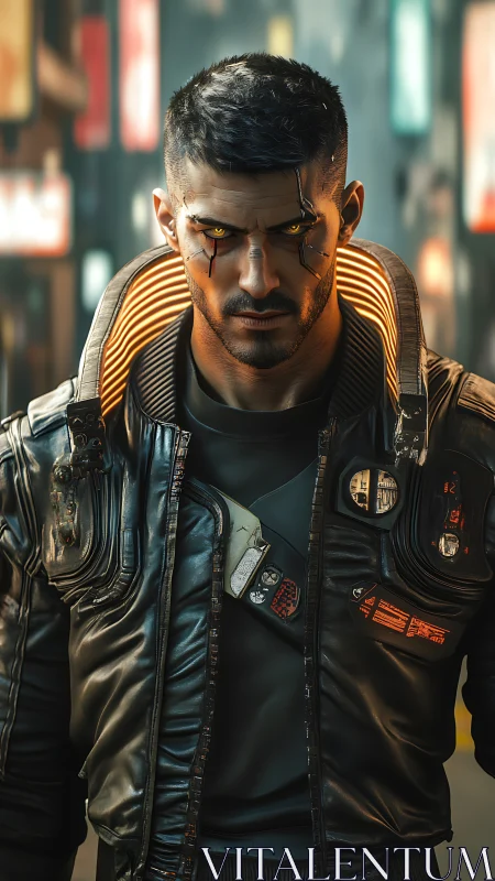 Cyborg man stands in neon city wearing armored jacket