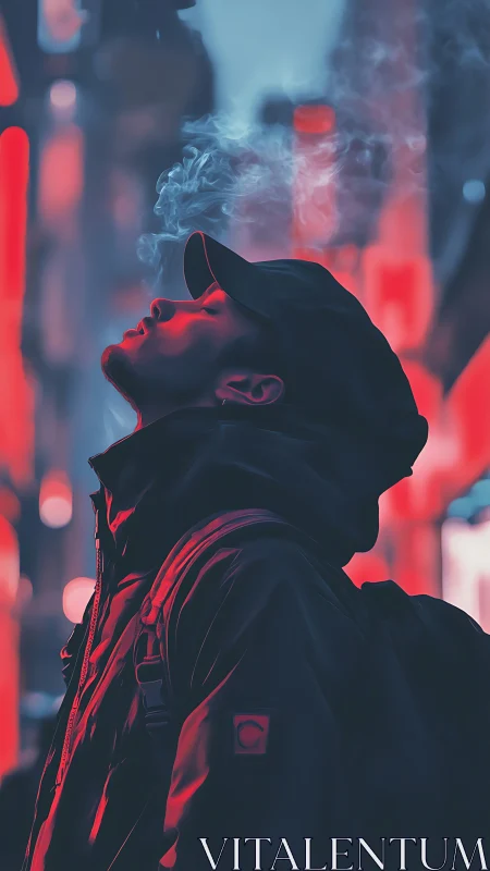 Man in hooded jacket exhales vapor in neon city street