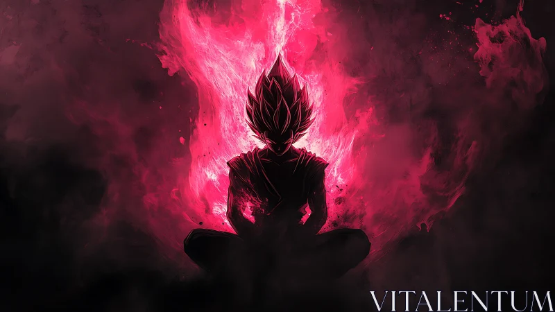 Fiery warrior meditates in a storm of glowing crimson energy