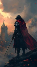 Armored knight overlooking fortified city at sunset.
