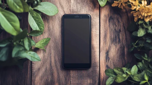 Smartphone Centered on Weathered Wood with Natural Foliage.
