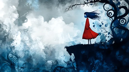 Solitary figure in red dress on dark cliff edge at dusk.