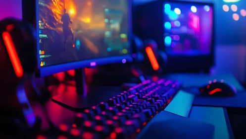 Neon-lit gaming rig hums softly beneath cinematic worlds