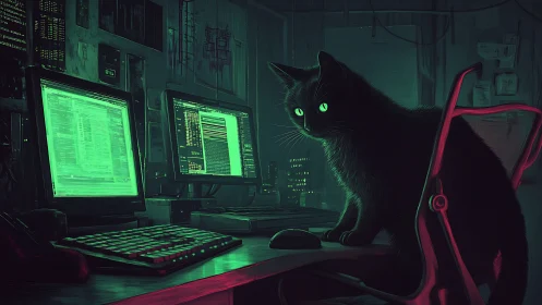 Neon-eyed hacker cat guards a midnight cyber command den.