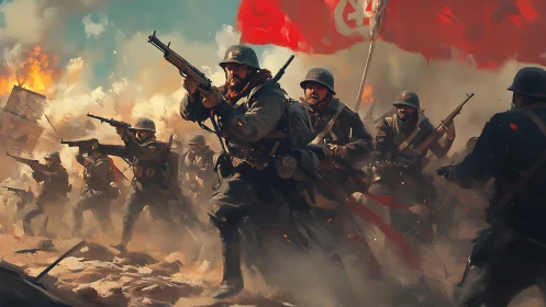 Infantry assault scene under red military banner in battle.