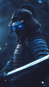 Cybernetic samurai rendered with volumetric lighting and rim glow