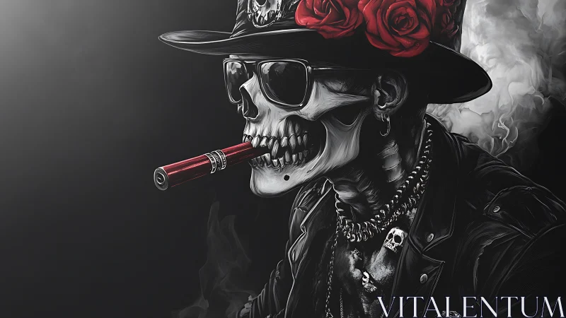 Skull rocker portrait with roses, cigar, monochrome contrast.