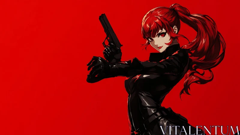 Red-haired anime assassin with pistol on bold red field.