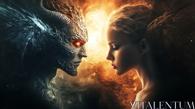 Demonic entity and human woman facing in elemental contrast.