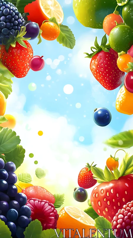 Vibrant berry and citrus composition frames luminous sky void